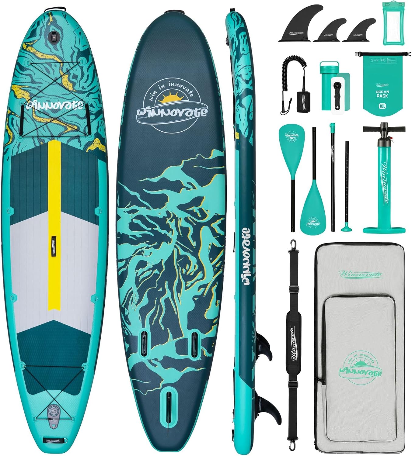 11’6″ x 35″ Inflatable Wood Grain SUP – Extra Wide Paddle Board with Accessories, Camera Mount & Dry Bag for All Ages – Green Wave
