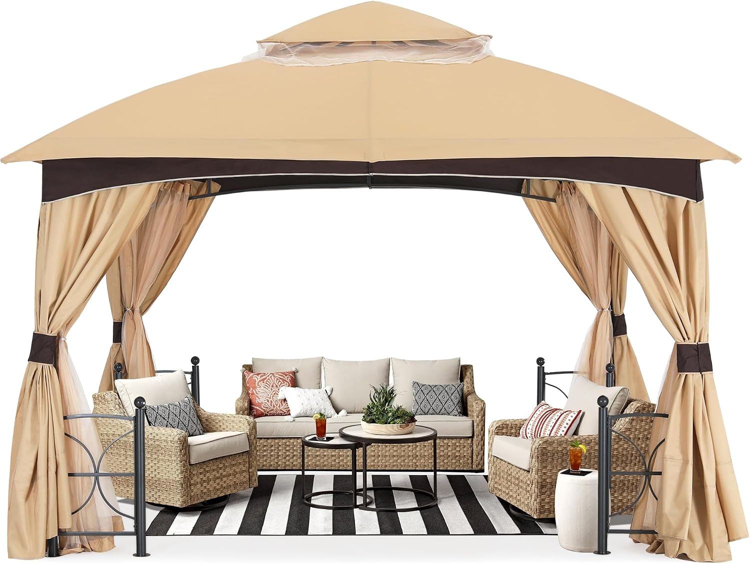 ABCCANOPY Outdoor Patio Gazebo 10×12 with Stable Metal Frame and Netting Walls for Backyard Garden Deck (Beige & Brown)