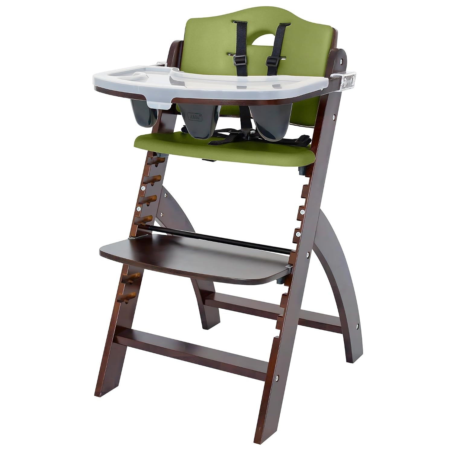 Abiie Beyond Junior Wooden High Chair with Tray – Adjustable and Convertible High Chair for Babies and Toddlers – 6 Months to 250 Lb – Water Resistant – Mahogany Wood/Olive Cushion