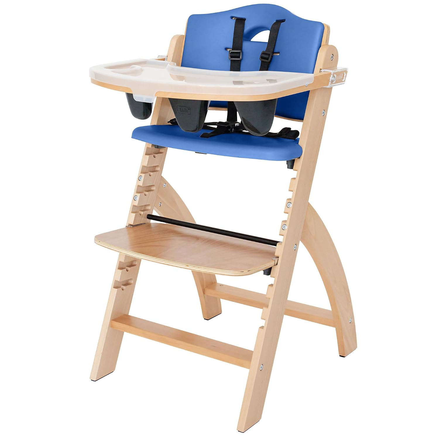 Abiie Beyond Junior Wooden High Chair with Tray – Adjustable and Convertible High Chair for Babies and Toddlers – 6 Months to 250 Lb – Water Resistant – Natural Wood/Blueberry Cushion