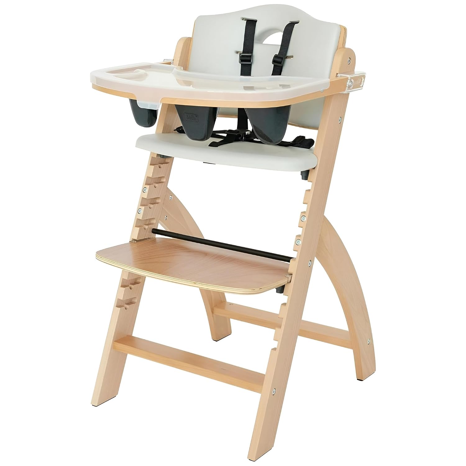 Abiie Beyond Junior Wooden High Chair with Tray – Adjustable and Convertible High Chair for Babies and Toddlers – 6 Months to 250 Lb – Water Resistant – Natural Wood/Dove Grey Cushion