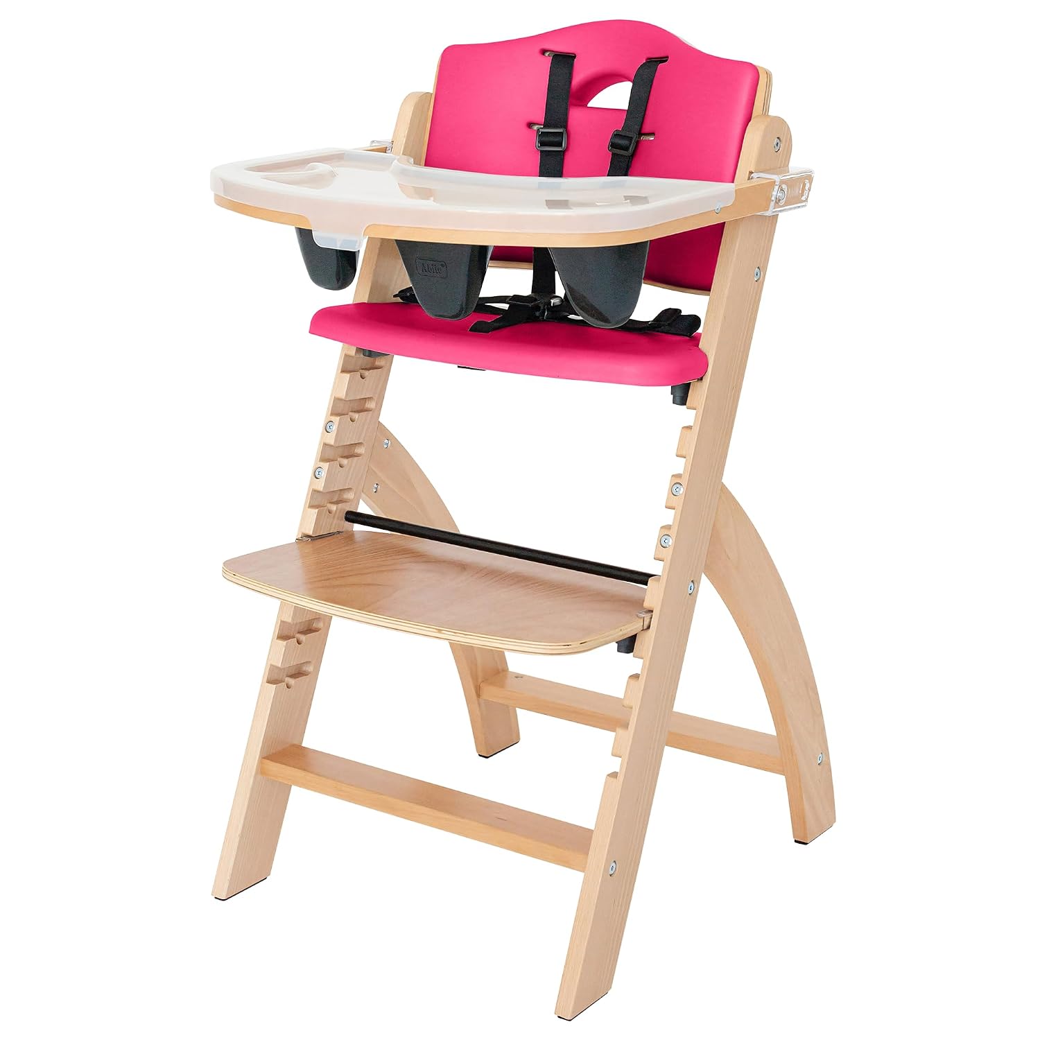 Abiie Beyond Junior Wooden High Chair with Tray – Adjustable and Convertible High Chair for Babies and Toddlers – 6 Months to 250 Lb – Water Resistant – Natural Wood/Raspberry Cushion