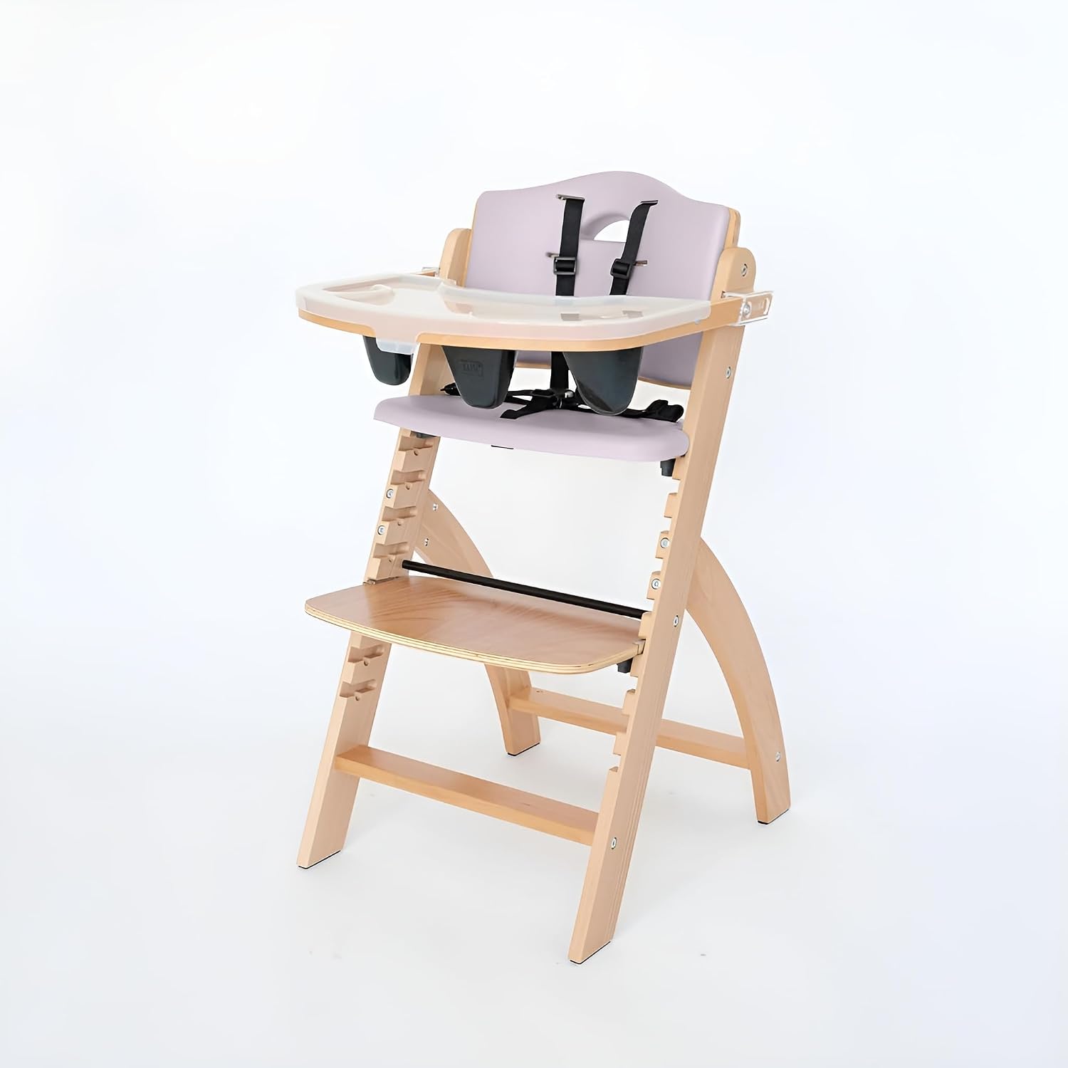 Abiie Beyond Junior Wooden High Chair with Tray – Adjustable and Convertible High Chair for Babies and Toddlers – 6 Months to 250 Lb – Water Resistant – Natural Wood with Lilac Cushion