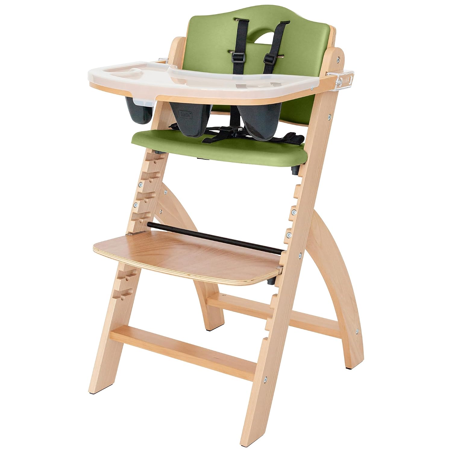 Abiie Beyond Junior Wooden High Chair with Tray – Adjustable and Convertible High Chair for Babies and Toddlers – 6 Months to 250 Lb – Water Resistant – Natural Wood with Olive Cushion