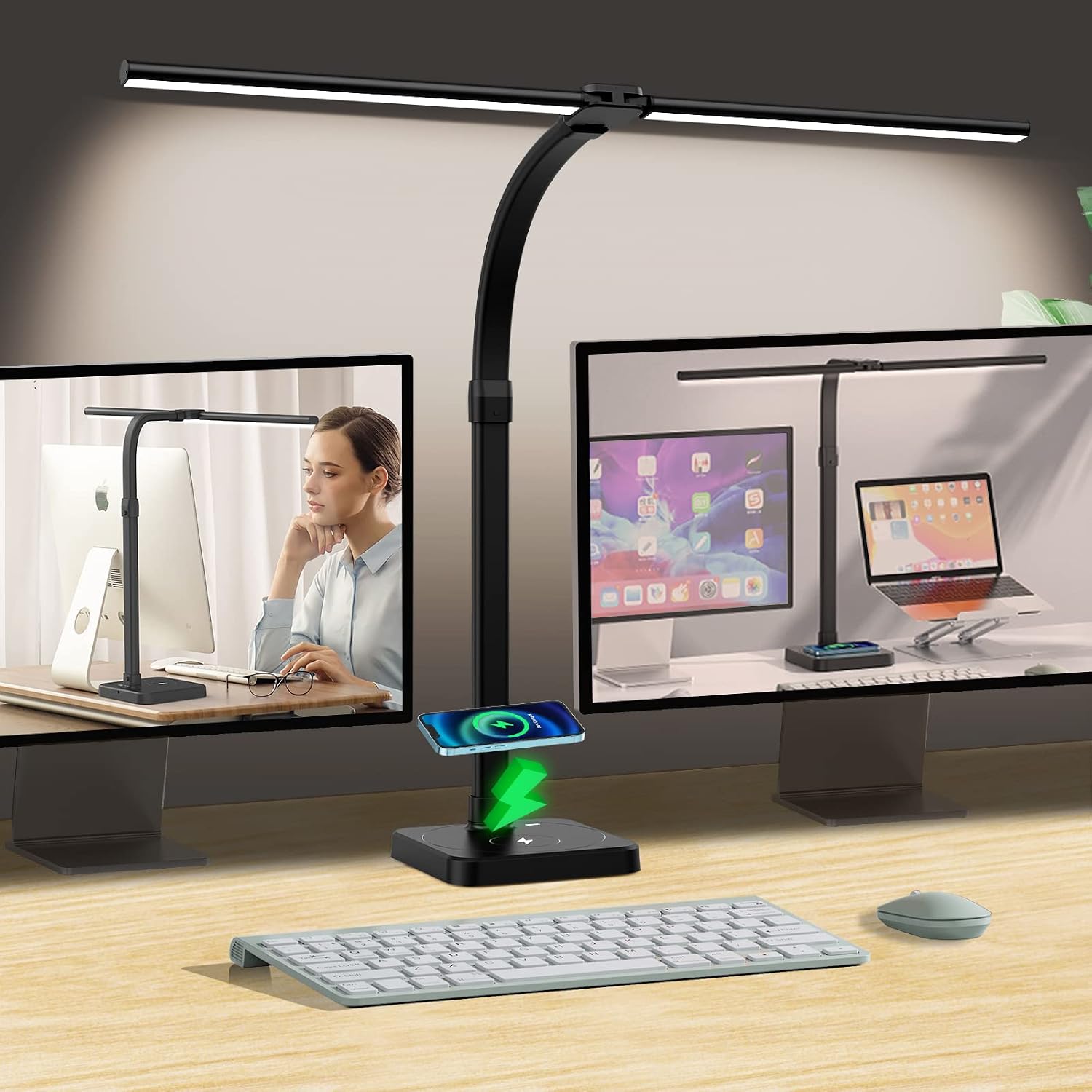 AKRRYR LED Desk Lamp for Home Office, Double Head 24W Desk Lamp with USB Charging Port & Wireless Charger