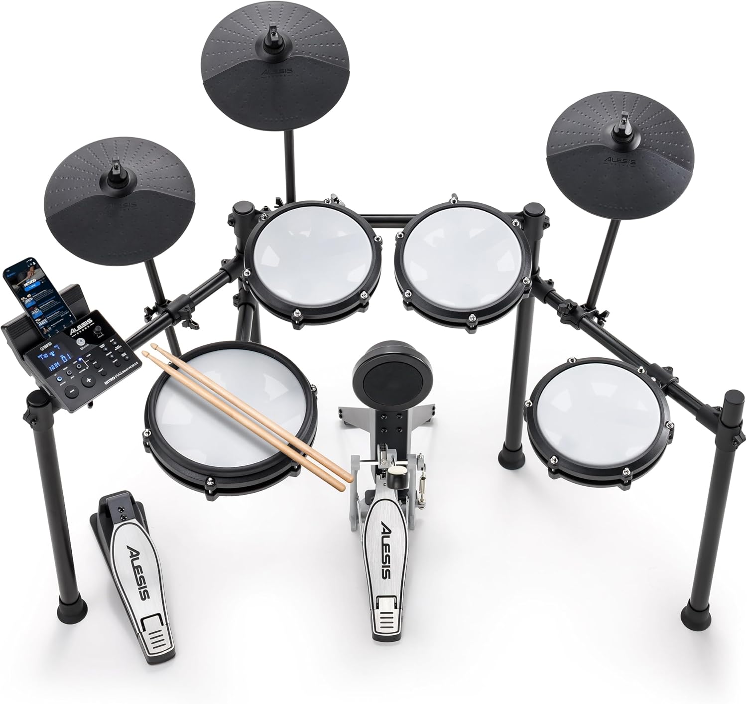 Alesis Nitro Max Kit Electric Drum Set with Quiet Mesh Pads, 10″ Dual-Zone Snare, Bluetooth, 440+ Authentic Sounds, Drumeo, USB MIDI, Kick Pedal