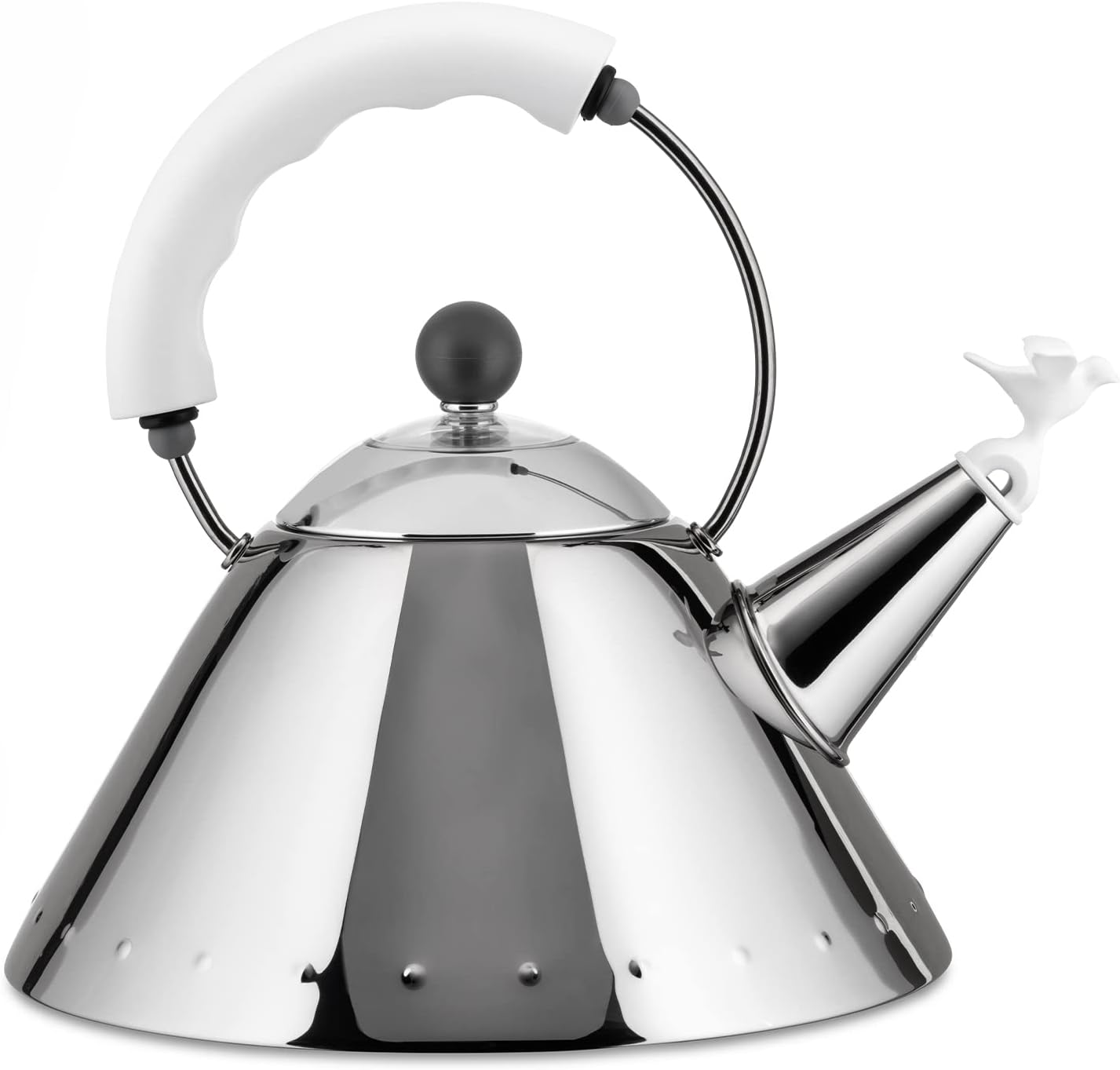 Alessi 9093W – Design Kettle with Handle and Bird-Shaped Whistle, Stainless Steel and PA, White