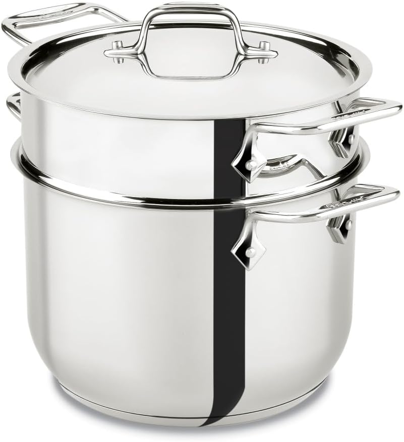All-Clad Specialty Stainless Steel Stockpot, Multi-Pot with Strainer 3 Piece, 6 Quart Induction Oven Broiler Safe 500F Strainer, Pasta Strainer with Handle, Pots and Pans Silver