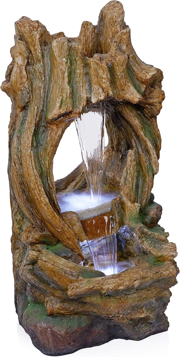 Alpine Corporation TZL290 Open Tree Trunk Fountain with Cool White LED Lights, Waterfall for Garden, Patio & Lawn, 40″ H, Brown