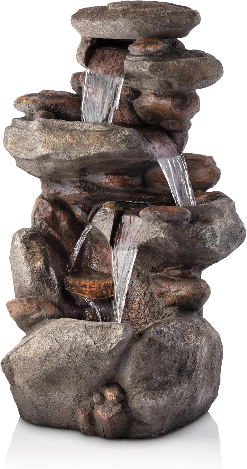 Alpine WIN316 40″ 4-Tier Rock Floor Fountain with White LED – Cascading Outdoor Water Feature for Garden, Patio, Yard, Deck – Light Gray