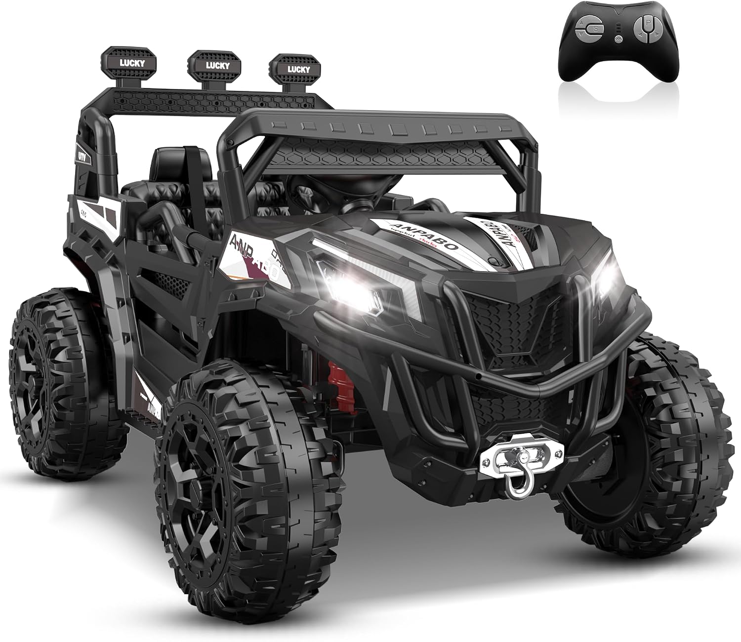 ANPABO 24V 4×4 Ride On Car Truck – Switchable 2WD/4WD, Remote, 19” Seat, 4 Shock Absorbers, Music Player, Kids UTV, Black