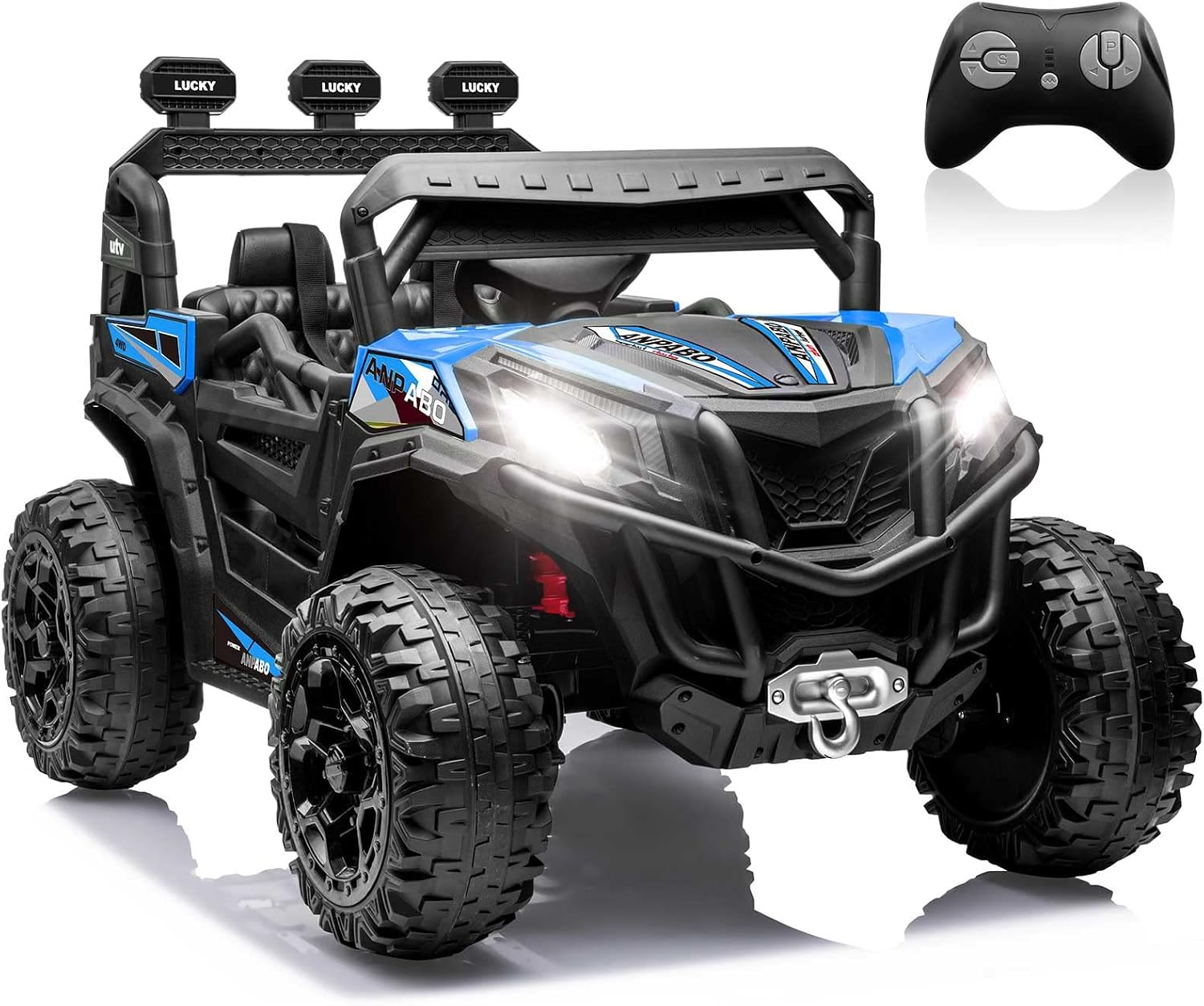 ANPABO 24V 4×4 Ride On Car Truck – Switchable 2WD/4WD, Remote, 19” Seat, 4 Shock Absorbers, Music Player, Kids UTV, Blue