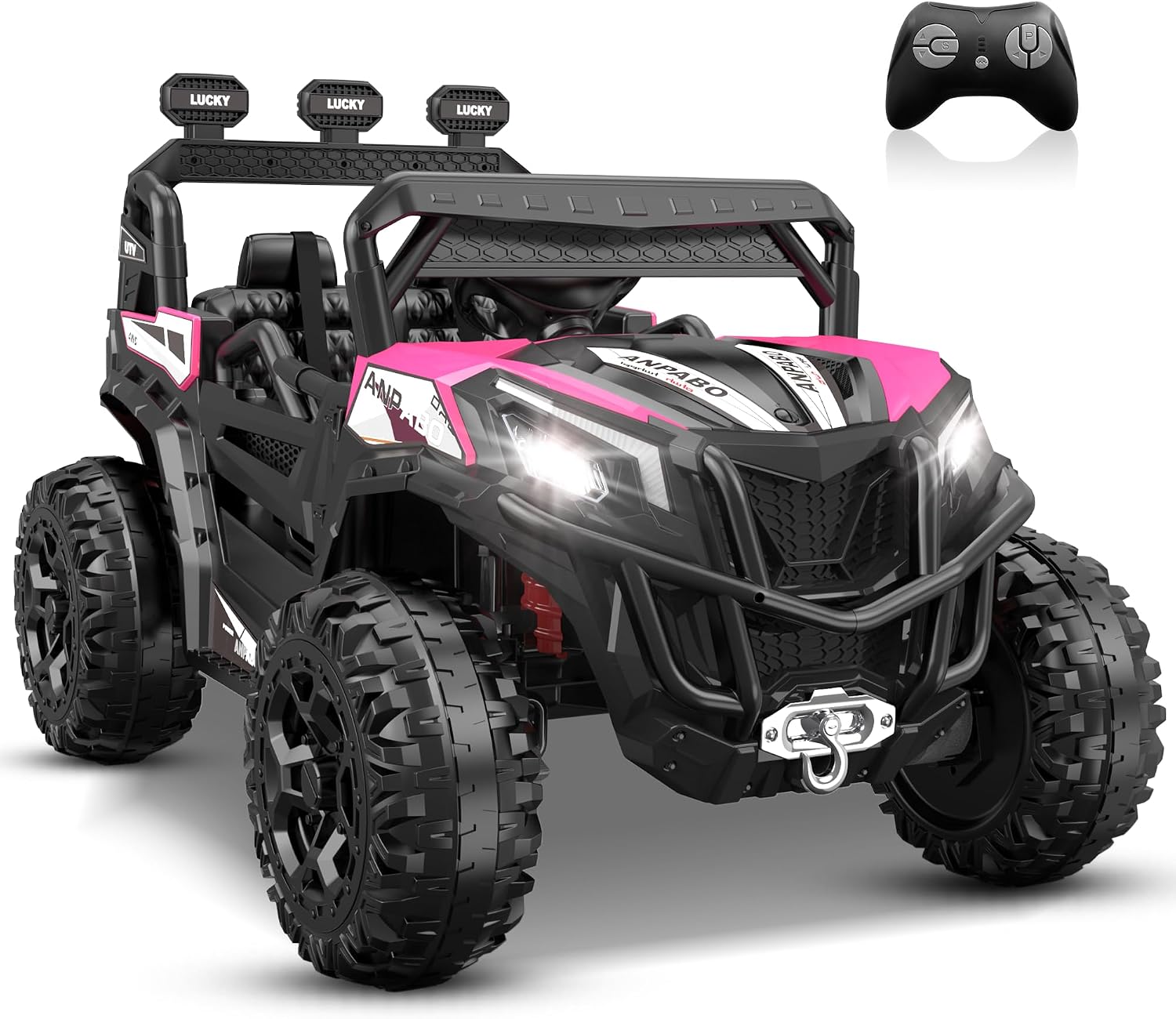 ANPABO 24V 4×4 Ride On Car Truck – Switchable 2WD/4WD, Remote, 19” Seat, 4 Shock Absorbers, Music Player, Kids UTV, Pink