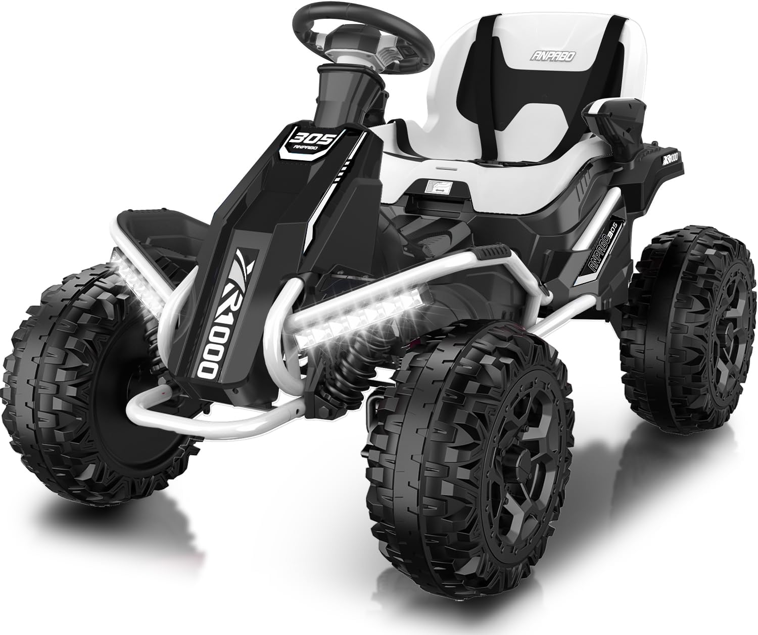ANPABO 24V 4×4 Ride On Toy for Big Kids – 4x200W Motors, 5MPH, Adjustable Seat, Remote, Quad Design, Shock Absorbers, White