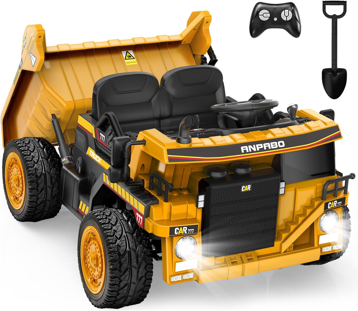 ANPABO 24V Ride On Dump Truck – 2x75W Motors, 4.4MPH, EVA Tires, Electric Dump Bed, 19” Seat, Parent Remote, Yellow