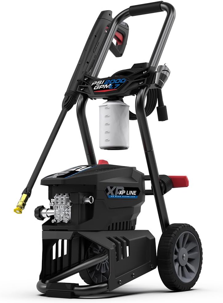 AR Blue Clean BCXP22000 – 2000 PSI Electric Pressure Washer, 1.7 GPM, Bayonet Connect, Two-Wheel Trolley, Onboard Storage, Portable