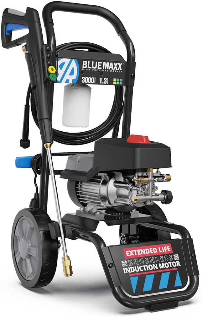 AR Blue Clean Maxx BM3000 – 3000 PSI Electric Pressure Washer, 1.3 GPM, Quick Connect, Two-Wheel Trolley, Onboard Storage, Portable