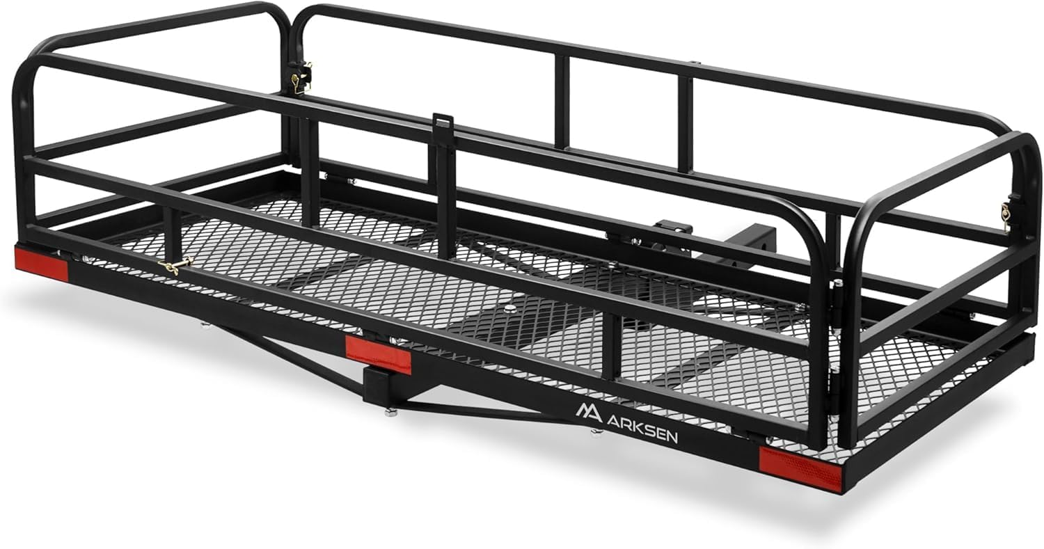 ARKSEN Folding Cargo Basket – 60″x25″x14″, 500 lbs Capacity, 2″ Receiver Hitch, Foldable for SUV, Pickup, Camping & Travel