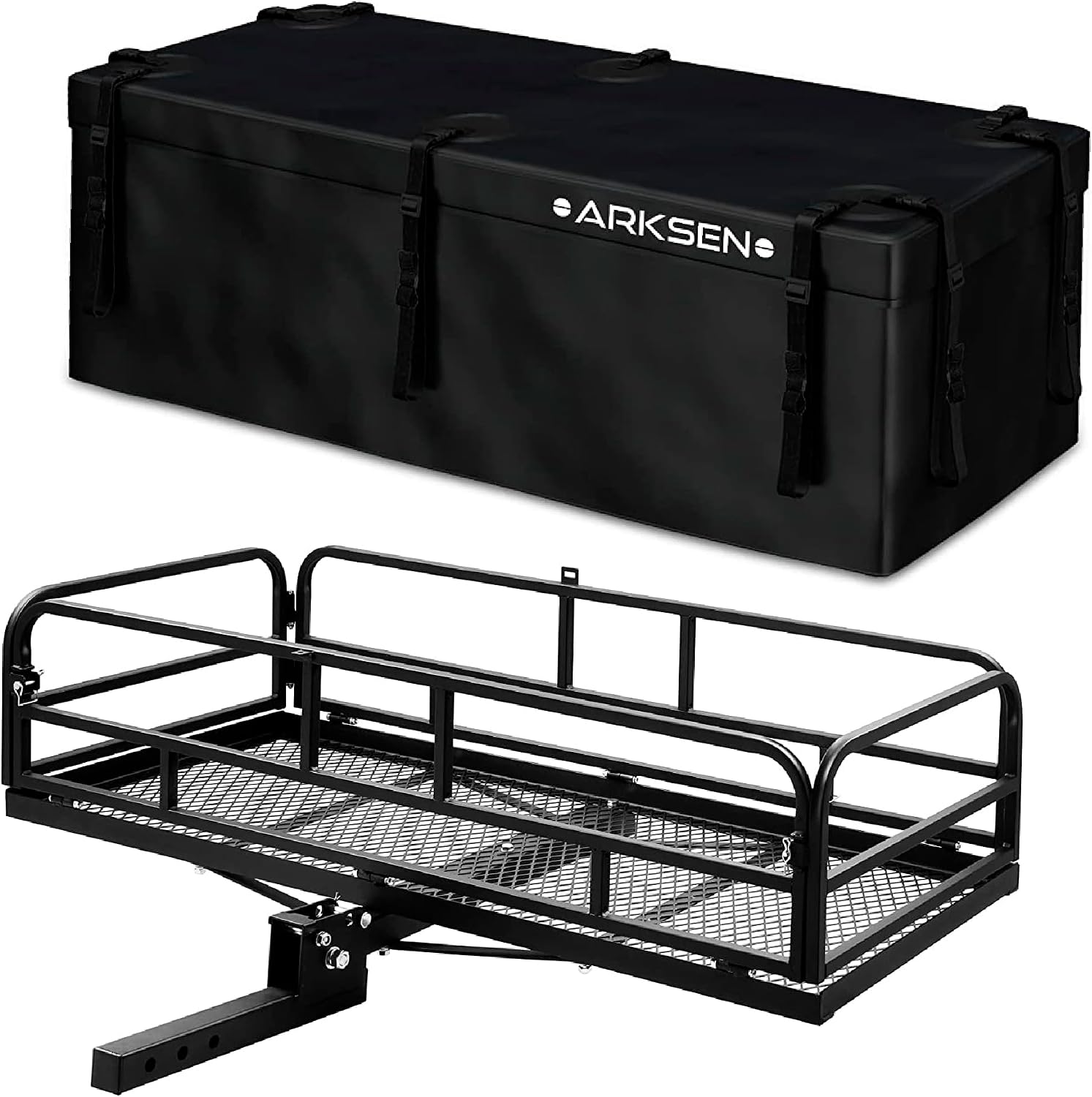 ARKSEN Folding Cargo Rack – 60″x25″x14″ with 500D PVC Waterproof Bag, 500 lbs Capacity, 2″ Receiver Hitch, Foldable for SUV & Pickup