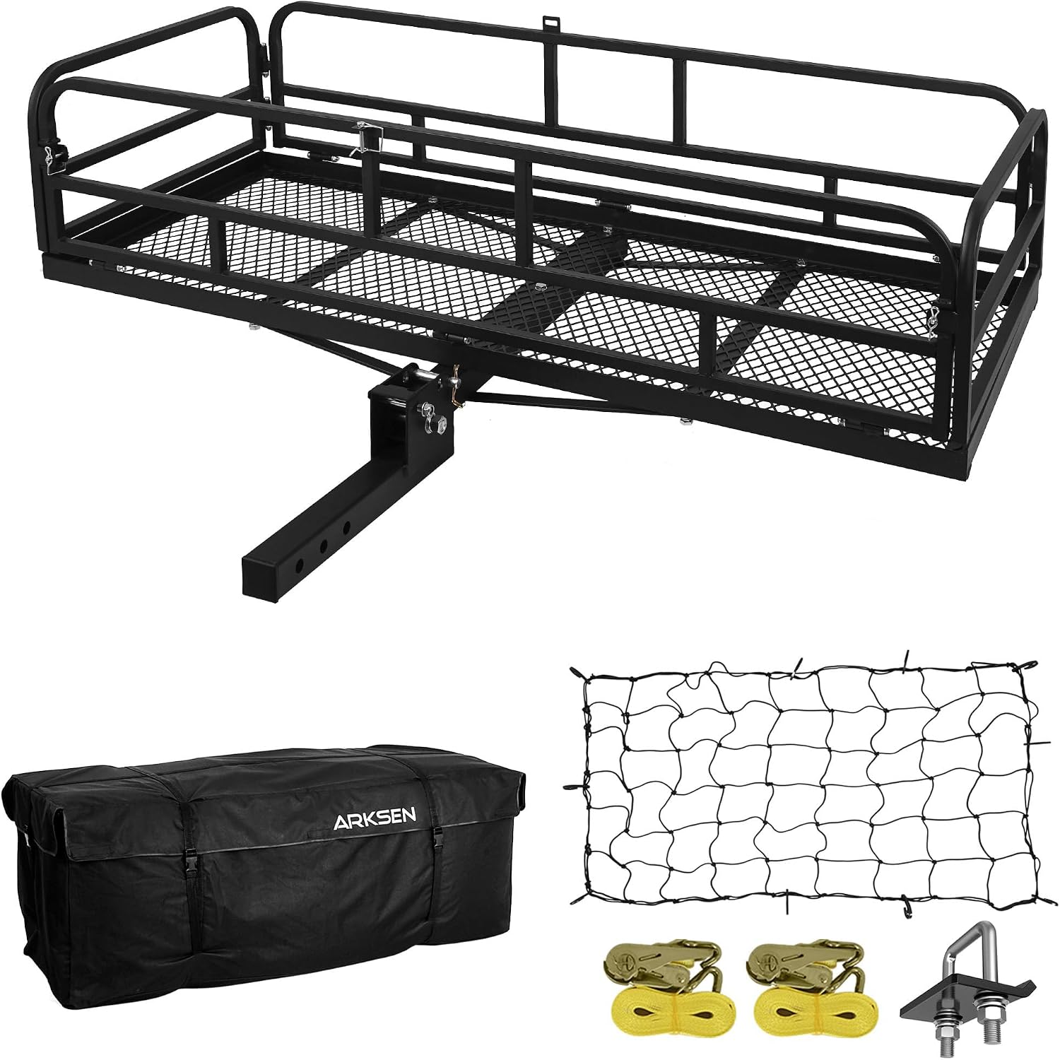 ARKSEN Folding Cargo Rack – 60″x25″x14″ with Bag, Net, Stabilizer & Straps, 500 lbs Capacity, 2″ Hitch, Foldable for SUV & Pickup