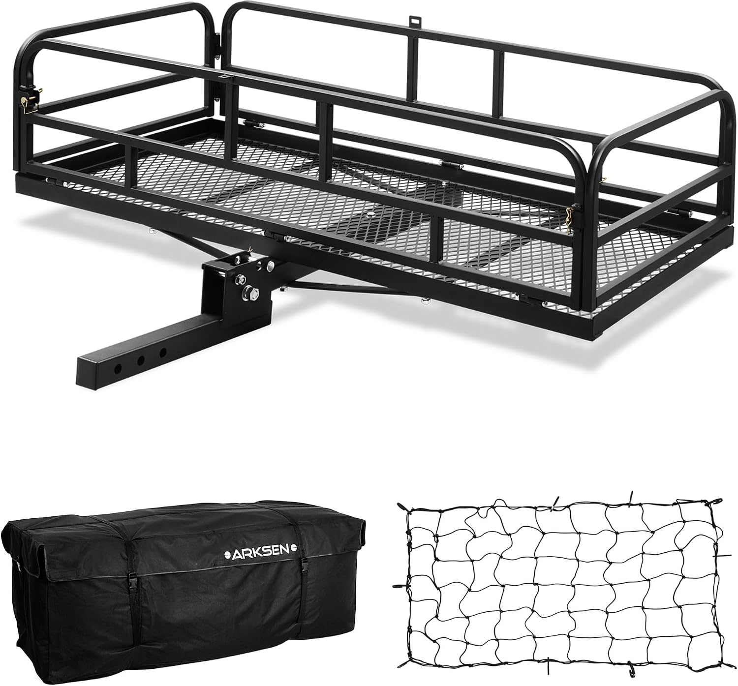 ARKSEN Folding Cargo Rack – 60″x25″x14″ with Waterproof Bag & Nylon Net, 500 lbs Capacity, 2″ Receiver Hitch, Foldable for SUV & Pickup