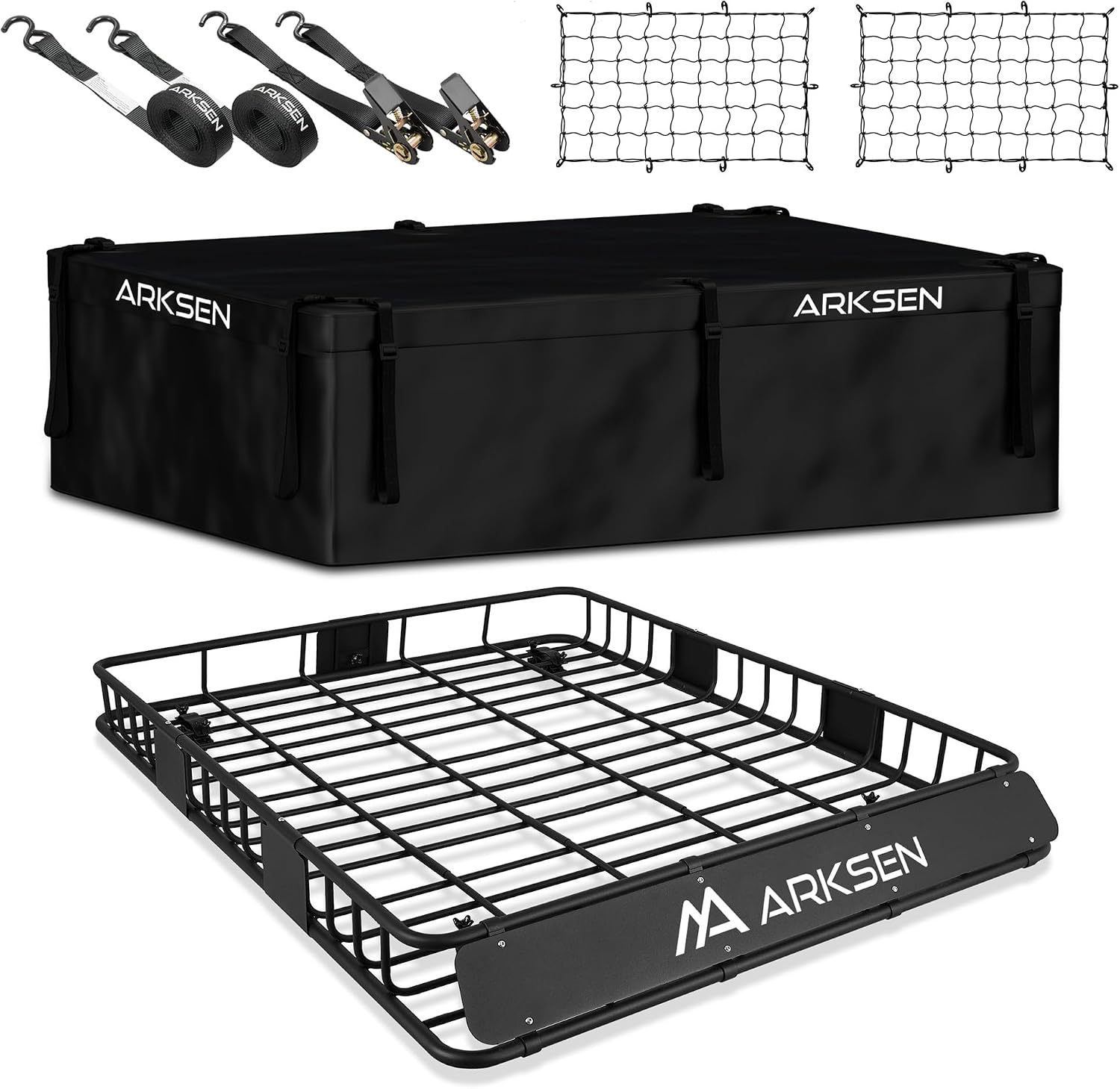 ARKSEN Roof Rack 64″x50″x6″ – 250 lbs Capacity with 500D PVC Waterproof Bag, Cargo Nets & Ratchet Straps for SUV & Truck