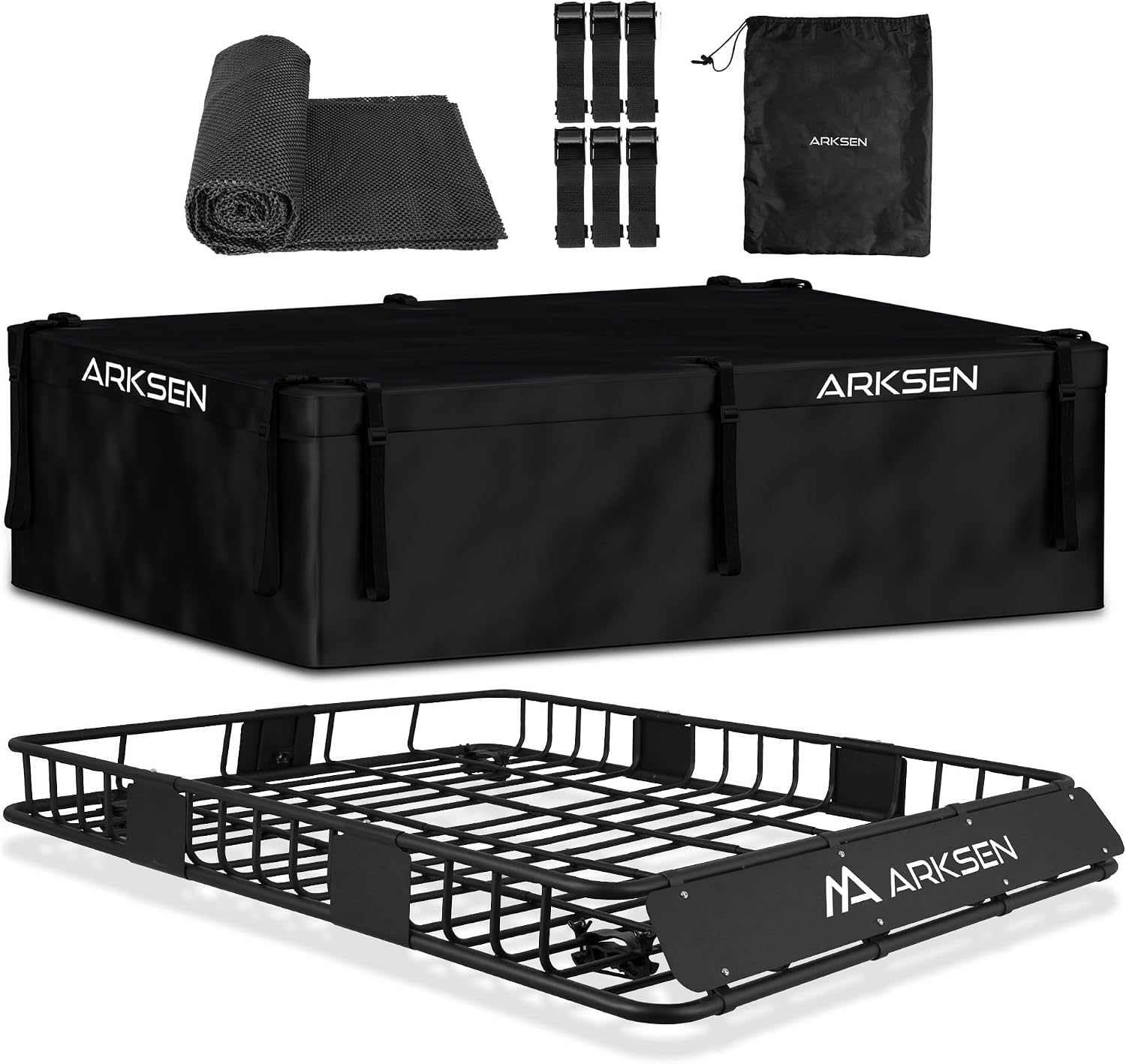 ARKSEN Roof Rack Cargo Carrier 64″x50″x6″ – 250 lbs Capacity with 500D PVC Waterproof Bag, Heavy-Duty Steel for SUV, Truck & Car