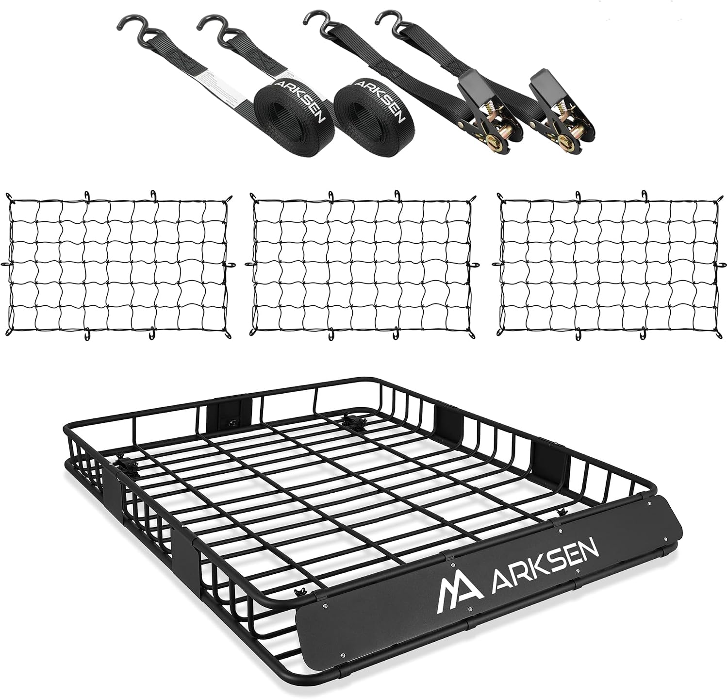 ARKSEN Roof Rack Cargo Carrier 84″x50″x6″ – 250 lbs Capacity with 3 Nylon Nets & 2 Ratchet Straps, Heavy-Duty Steel for SUV, Truck & Car