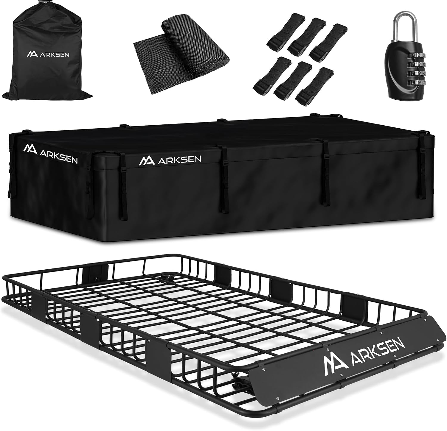 ARKSEN Roof Rack Cargo Carrier 84″x50″x6″ – 250 lbs Capacity with 500D PVC Waterproof Bag, Heavy-Duty Steel for SUV, Truck & Car