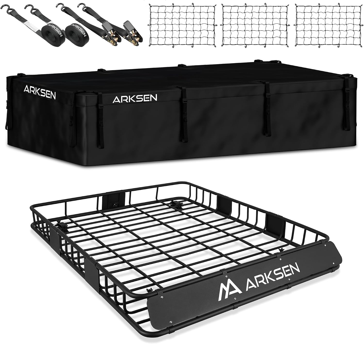 ARKSEN Roof Rack Cargo Carrier 84″x50″x6″ – 250 lbs Capacity with 500D PVC Waterproof Bag, Nylon Nets & Ratchet Straps for SUV & Truck