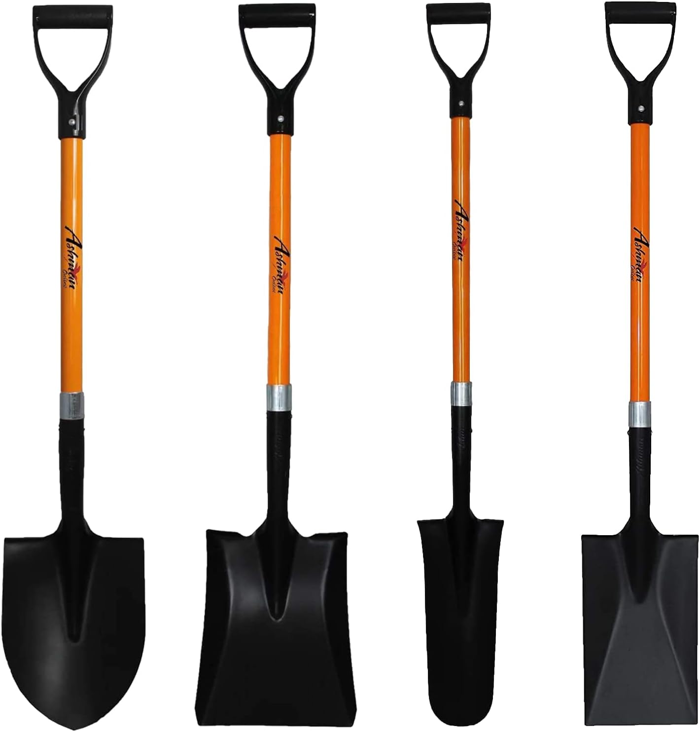 Ashman 4-Piece Assorted Shovel Set – 41″ D-Handle Round, Square, Drain Spade & Garden Spade Tools