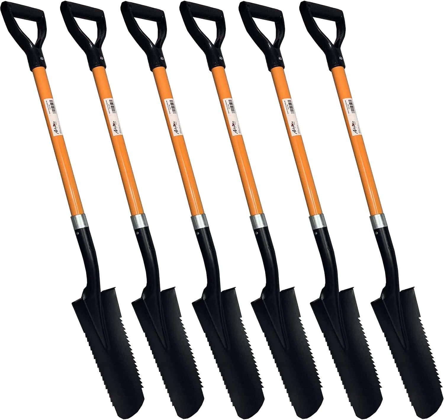 Ashman 6-Pack Drain Spade Teeth Shovels – 48″ D-Handle Durable Metal Blade Multipurpose Orange Spades