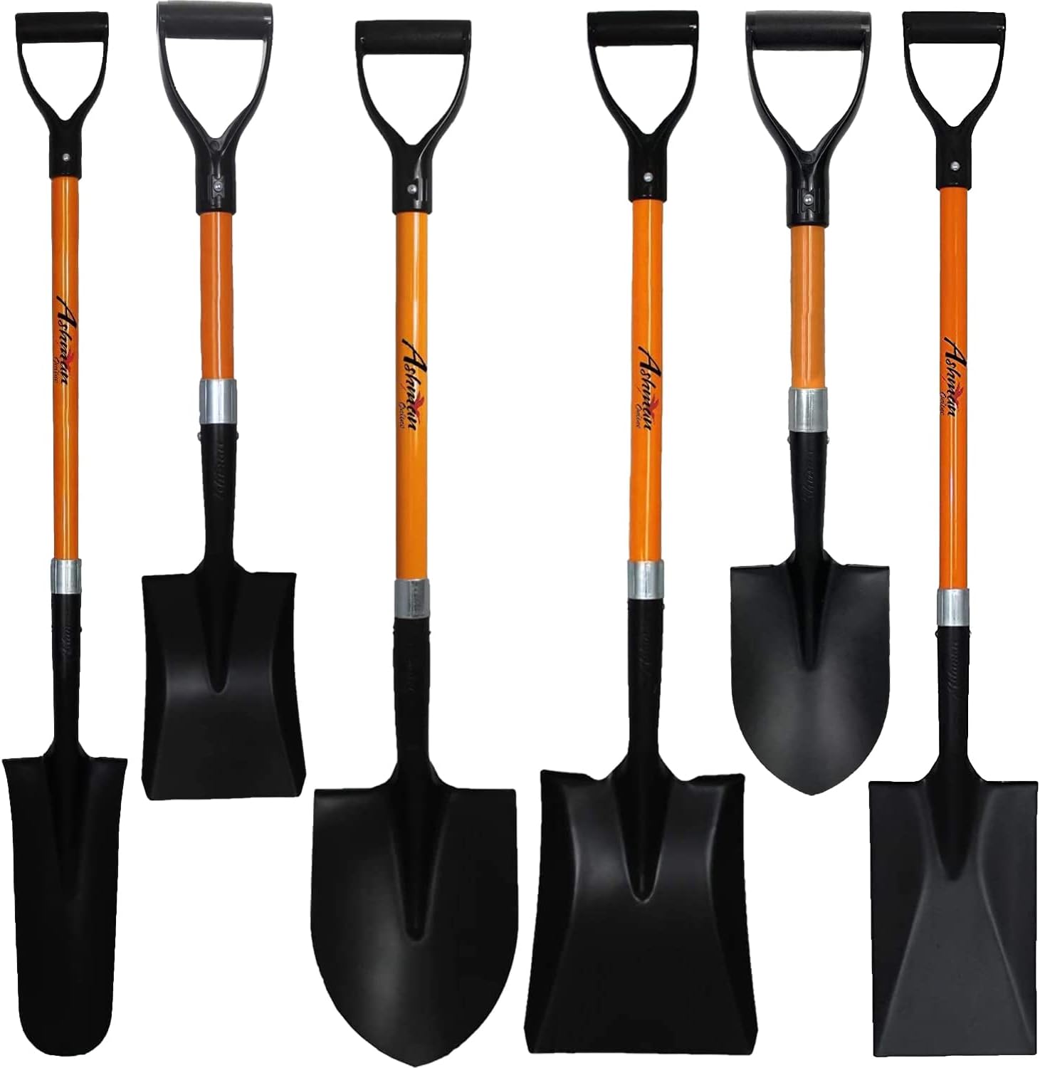 Ashman 6-Piece Assorted Shovels – Long & Short Handle Digging, Transfer, Trenching & Drain Spade Set