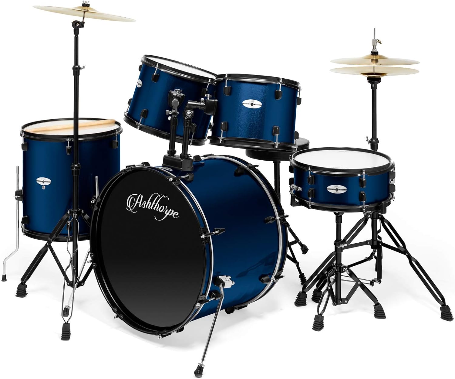 Ashthorpe 5-Piece Complete Full Size Adult Drum Set with Remo Batter Heads – Blue