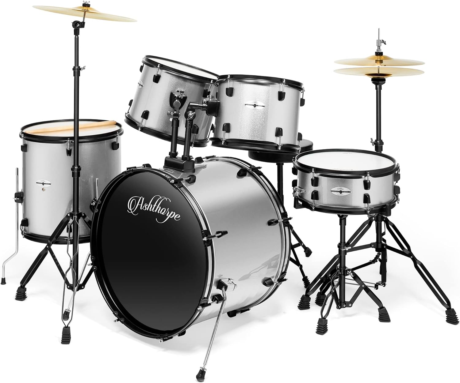 Ashthorpe 5-Piece Complete Full Size Adult Drum Set with Remo Batter Heads – Silver