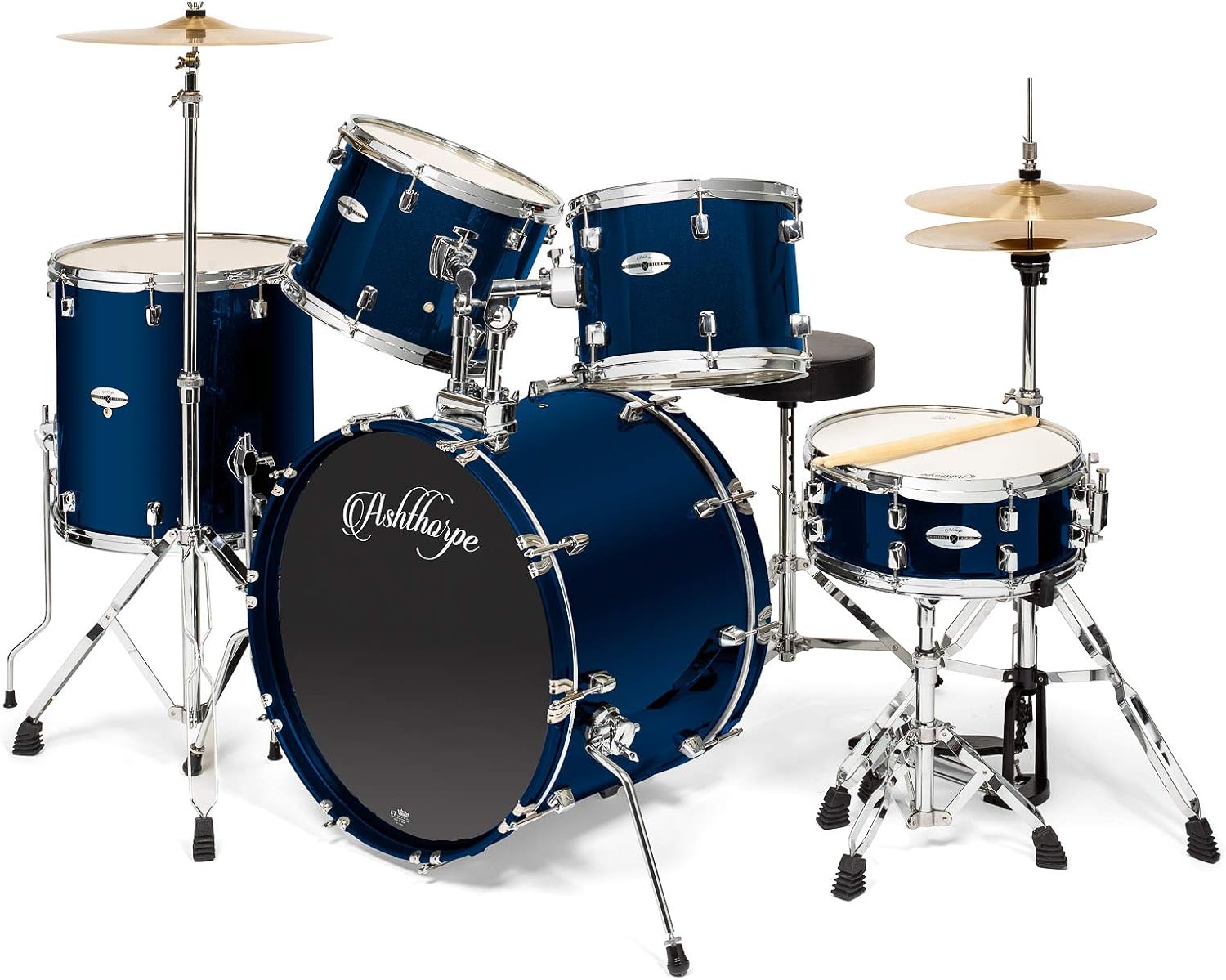 Ashthorpe 5-Piece Full Size Adult Drum Set with Remo Heads & Brass Cymbals – Complete Percussion Kit with Hardware – Blue