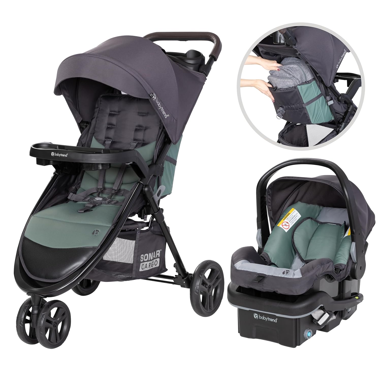 Baby Trend Sonar Cargo 3-Wheel Travel System with EZ-Lift 35 PLUS Infant Car Seat – Desert Sage