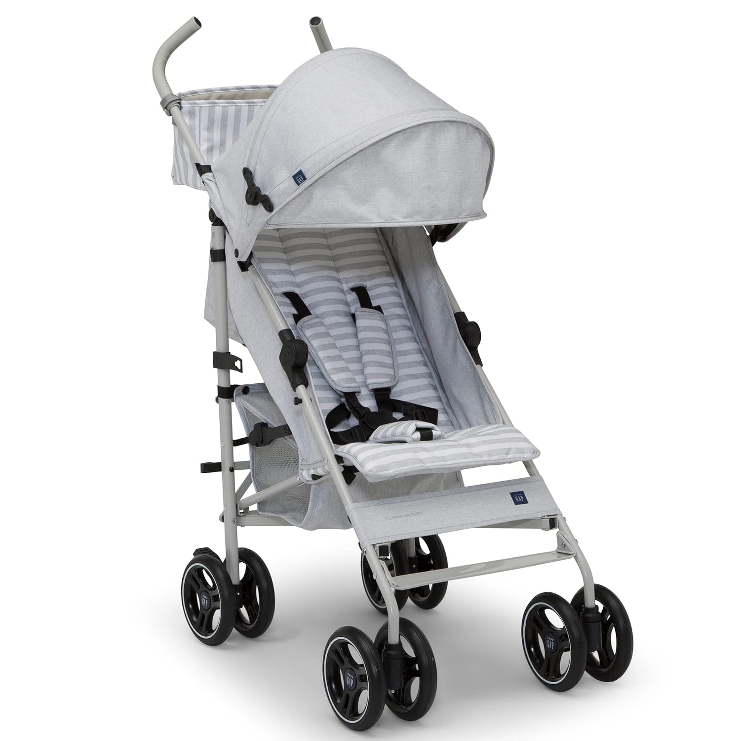 babyGap Classic Stroller – Lightweight Stroller w Recline, Compact Fold & Removable Parent Organizer – Made with Sustainable Materials, Grey Stripes