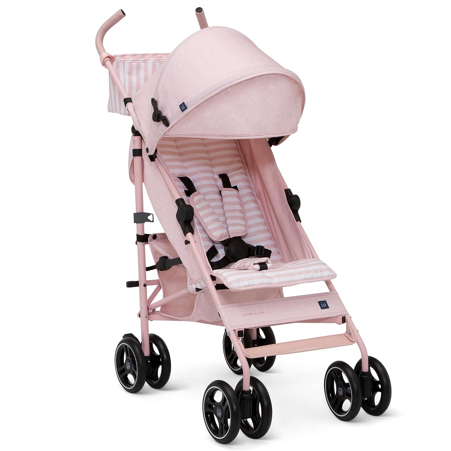babyGap Classic Stroller – Lightweight Stroller with Recline, Compact Fold & Removable Parent Organizer – Made w Sustainable Materials, Pink Stripes