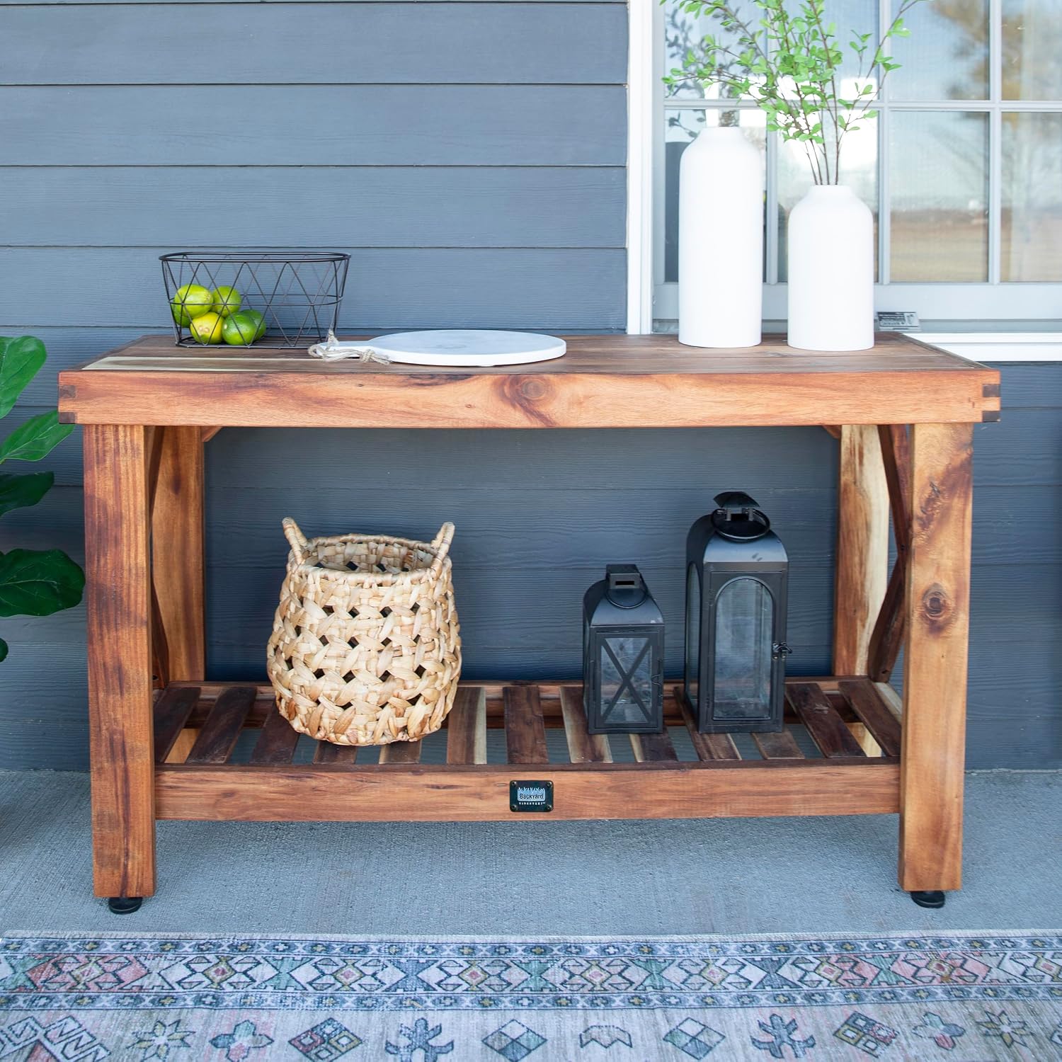 Backyard Discovery 48″ Acacia Wood Console Table – Farmhouse Style with Slat Shelf, Water-Resistant for Patio, Entryway, or Living Room