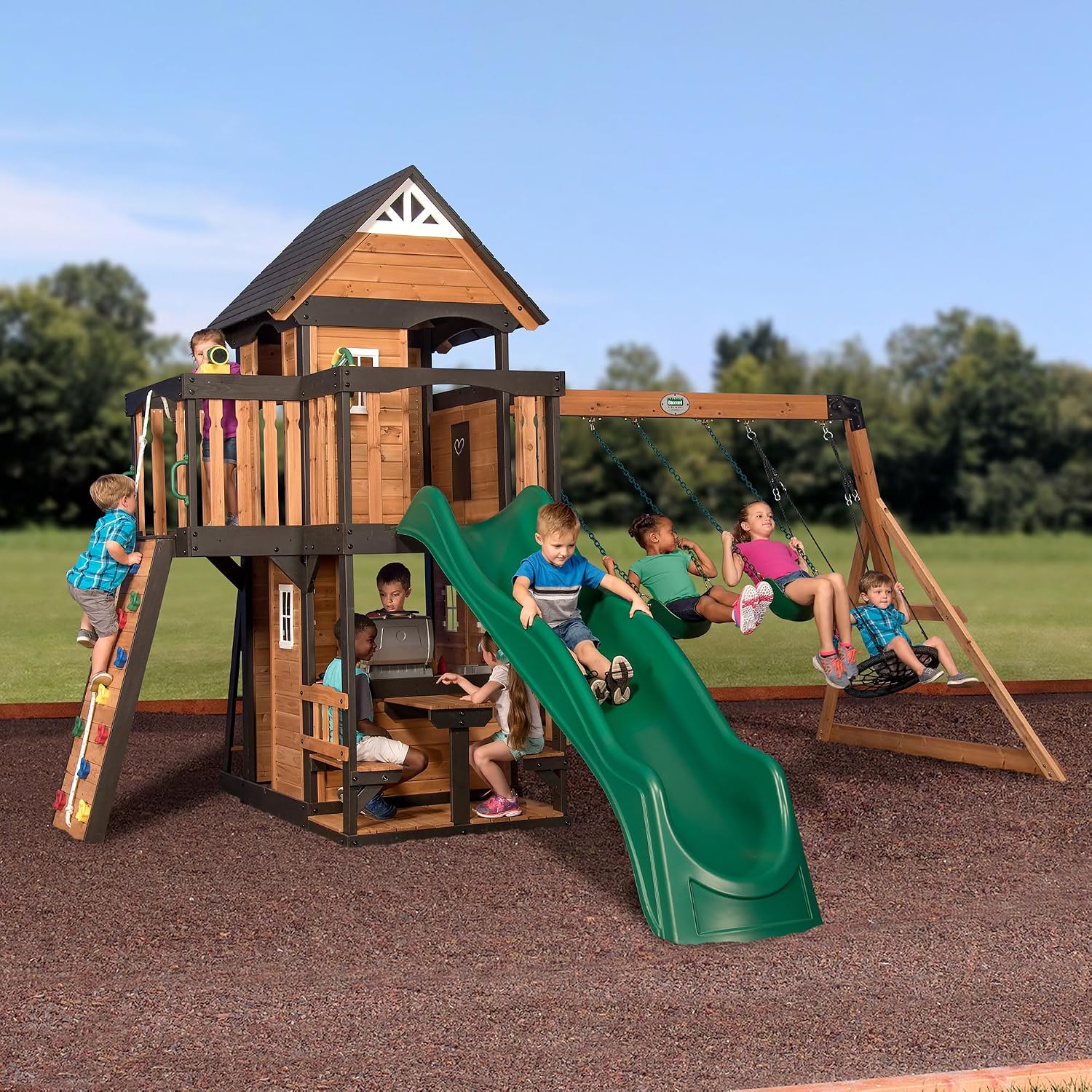 Backyard Discovery Canyon Creek Residential Wood Playset with 3 Swings and Slide Included