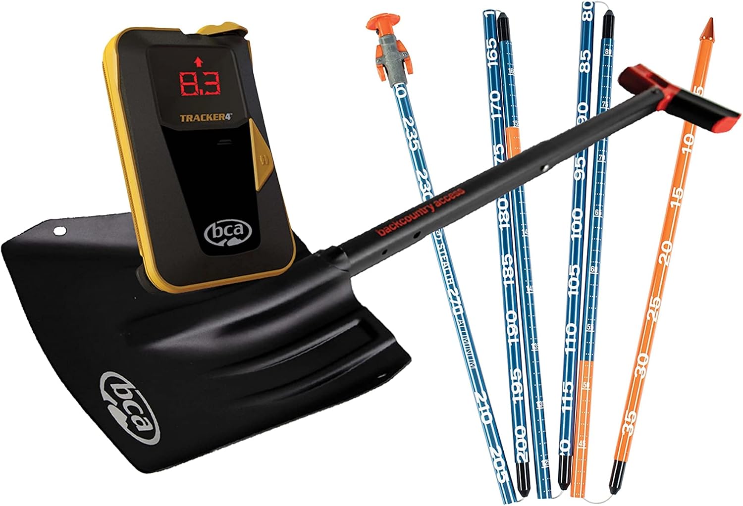 BCA Backcountry Access T4 Turbo Avalanche Beacon Kit Rescue Package – Includes The Tracker 4 Transceiver, 300 Centimeter Avalanche Probe, and Shovel with Saw.