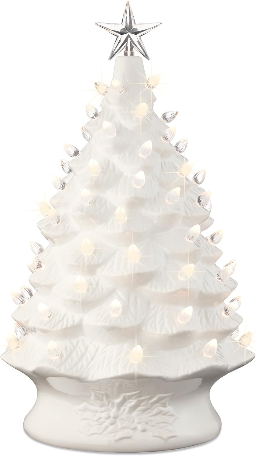 BCP 24in Extra Large Ceramic Christmas Tree, Pre-Lit Hand-Painted Tabletop XL Indoor Holiday Tree, 74 Warm White Bulbs, LED Lights – White
