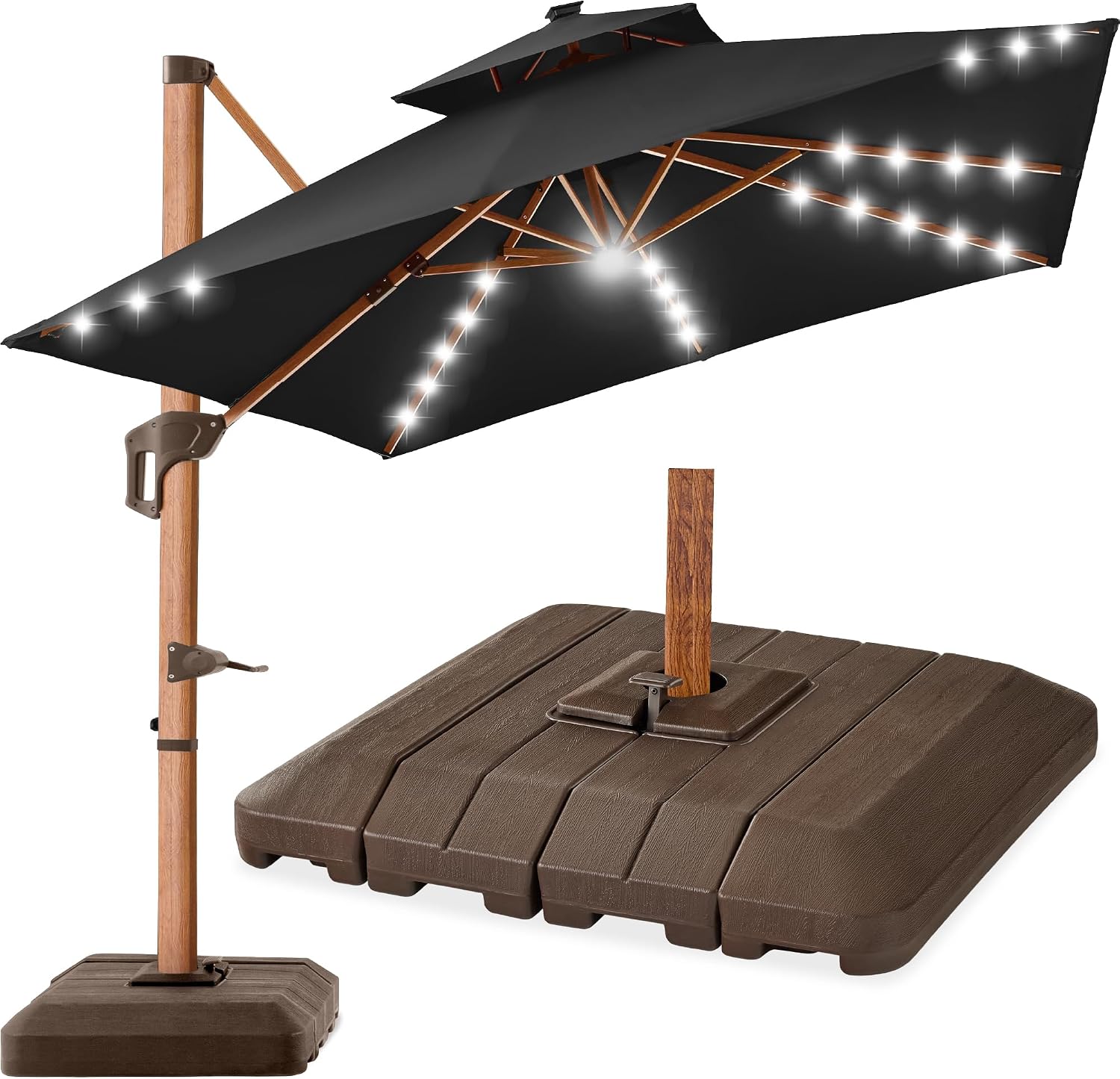 Best Choice Products 10ft Square Cantilever Umbrella w/ Base – Woodgrain Pole, Solar LED, 360 Rotation, Offset Patio Shade – Black