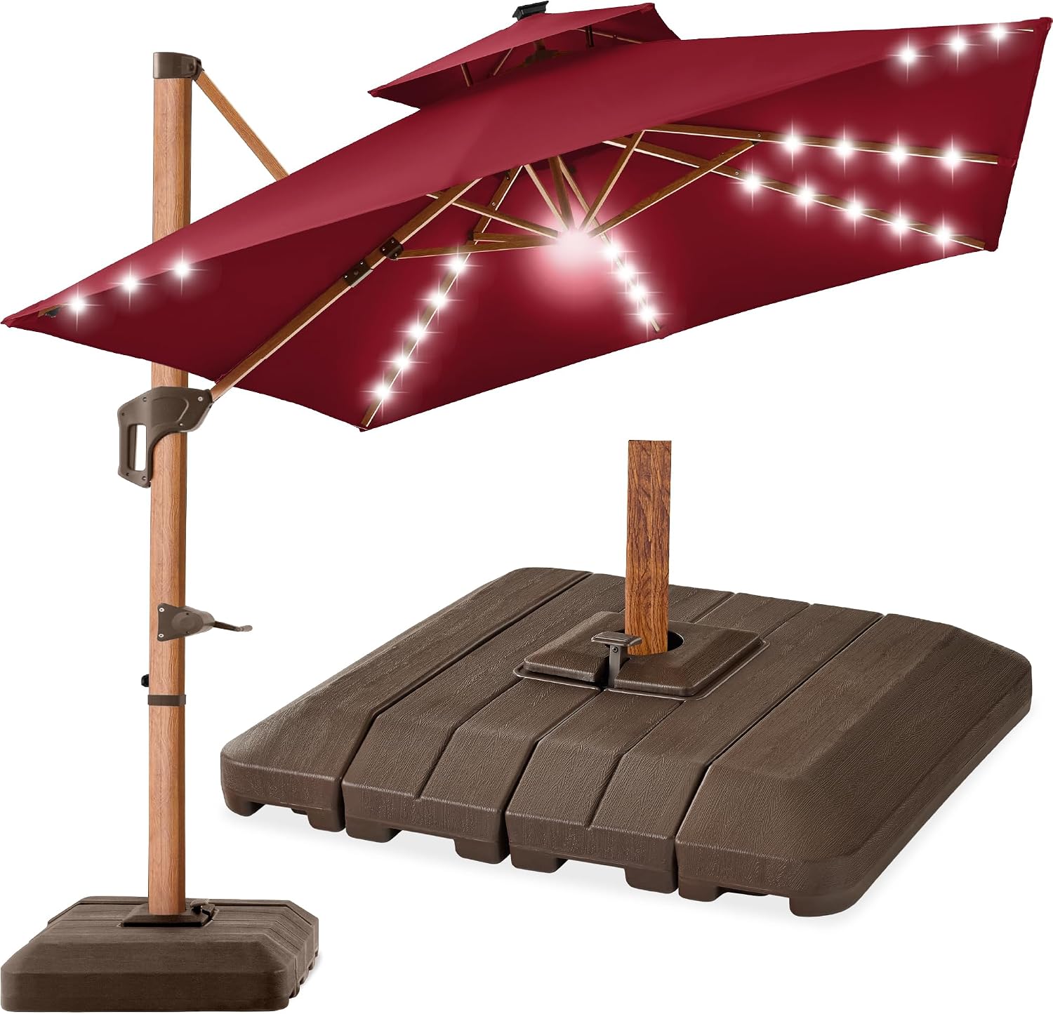 Best Choice Products 10ft Square Cantilever Umbrella w/ Base – Woodgrain Pole, Solar LED, 360 Rotation, Offset Patio Shade – Burgundy