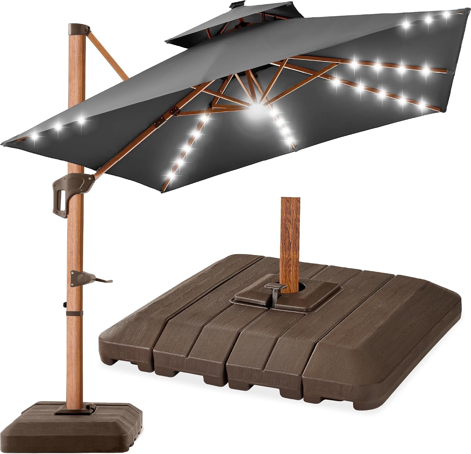 Best Choice Products 10ft Square Cantilever Umbrella w/ Base – Woodgrain Pole, Solar LED, 360 Rotation, Offset Patio Shade – Gray
