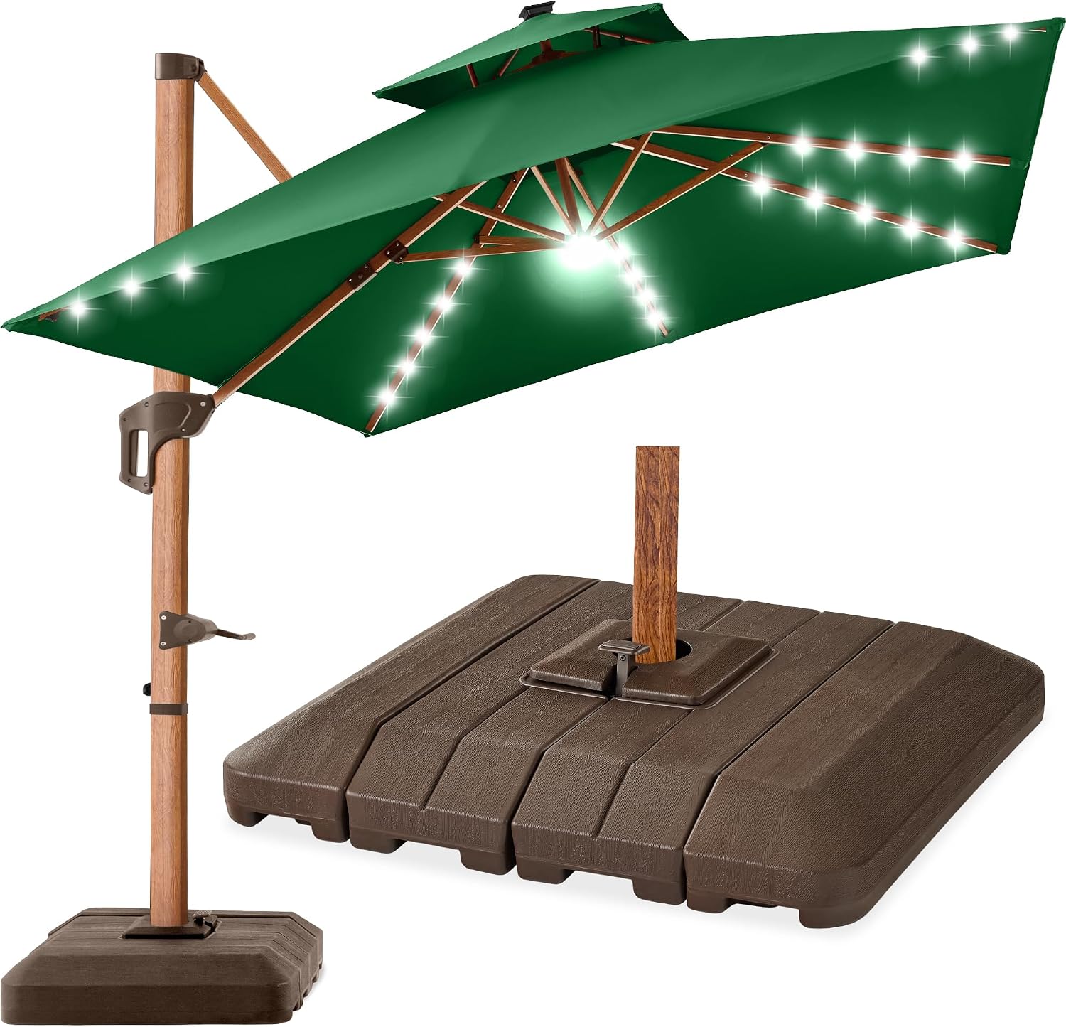 Best Choice Products 10ft Square Cantilever Umbrella w/ Base – Woodgrain Pole, Solar LED, 360 Rotation, Offset Patio Shade – Green