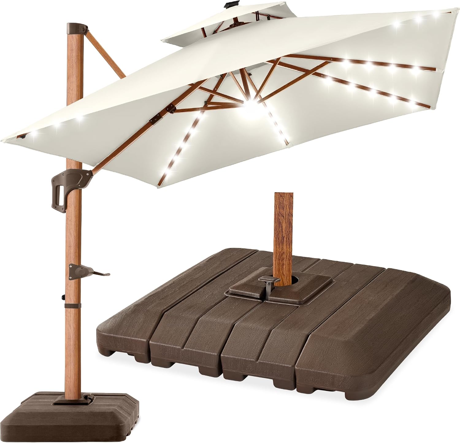 Best Choice Products 10ft Square Cantilever Umbrella w/ Base – Woodgrain Pole, Solar LED, 360 Rotation, Offset Patio Shade – Ivory