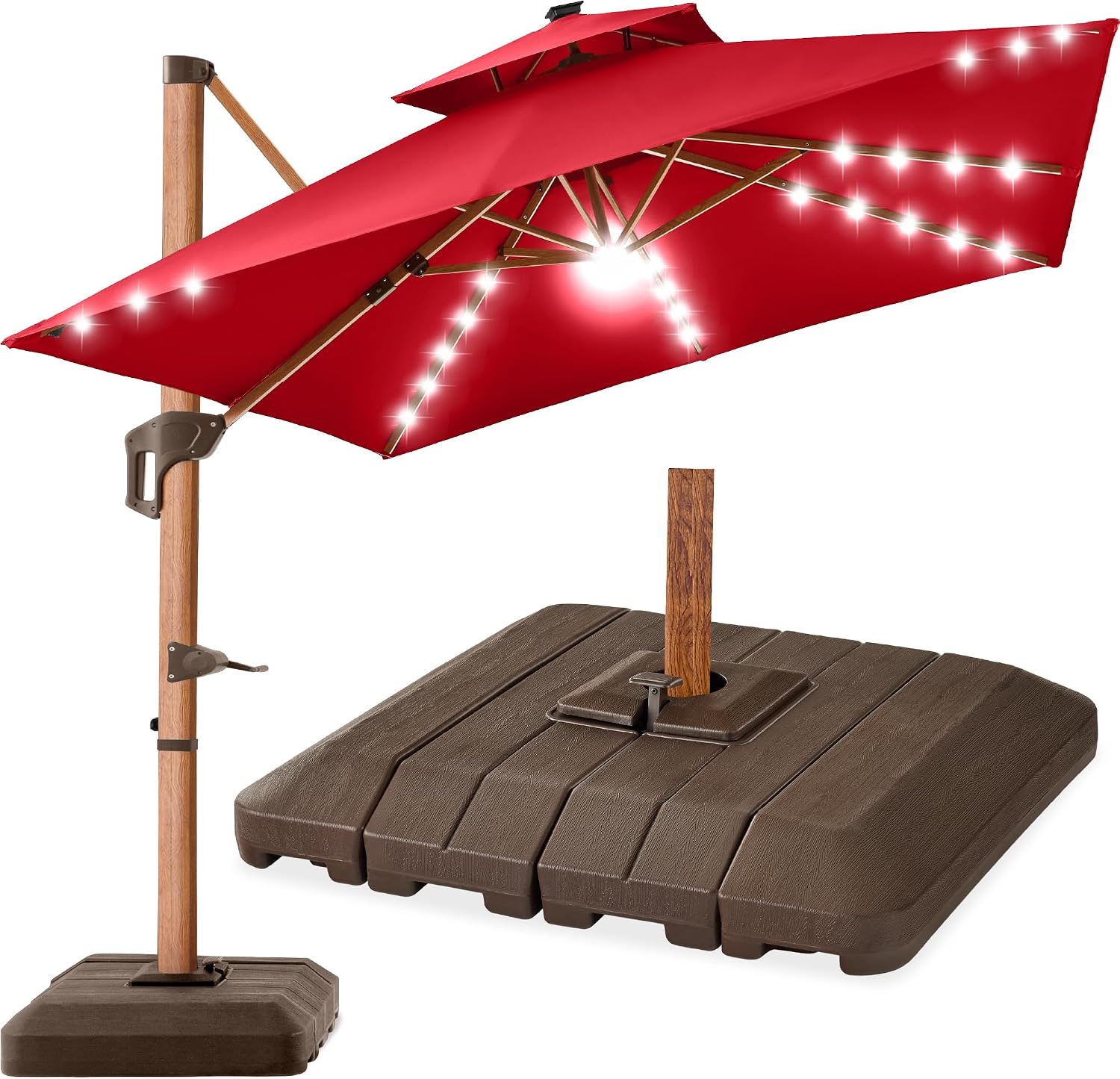 Best Choice Products 10ft Square Cantilever Umbrella w/ Base – Woodgrain Pole, Solar LED, 360 Rotation, Offset Patio Shade – Red