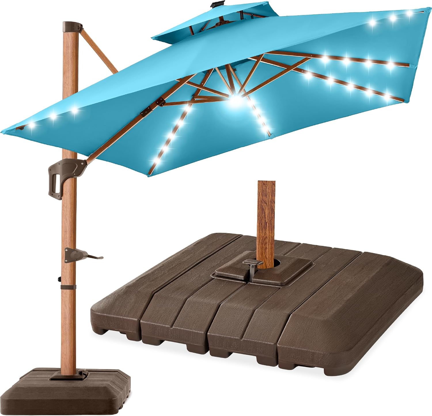 Best Choice Products 10ft Square Cantilever Umbrella w/ Base – Woodgrain Pole, Solar LED, 360 Rotation, Offset Patio Shade – Sky Blue